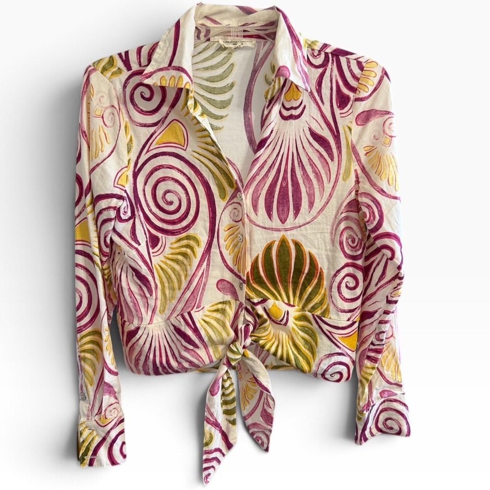 Christian Siriano Tie Front Shirt Womens S Multicolor Linen Abstract Paisley Top